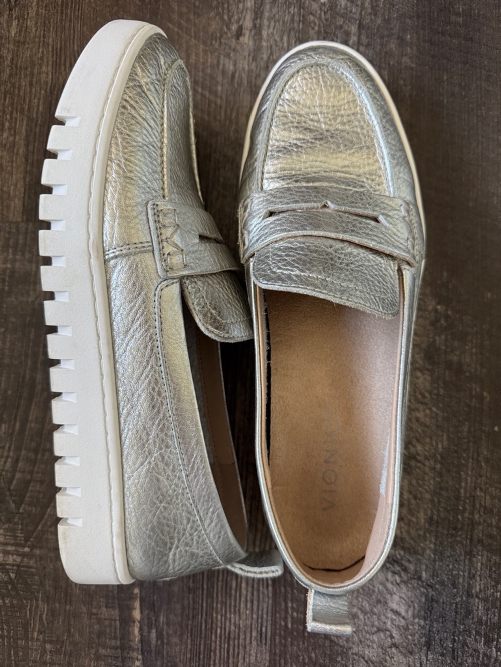 Women's Vionic Metallic Silver Penny Loafers - Stylish Slip-On Comfort, size 9.5